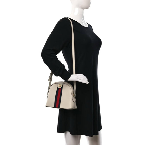 Gucci Textured Dollar Calfskin Web Small Ophidia Dome Shoulder Bag Mystic White