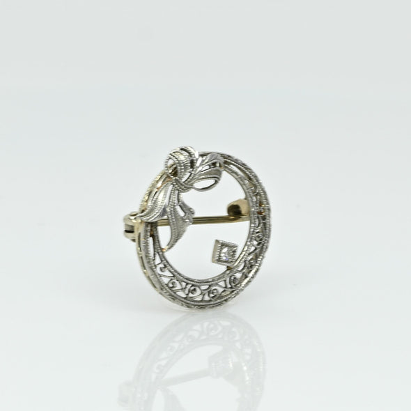 Art Deco Filigree Circle Diamond Bow Brooch