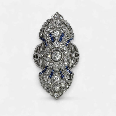 Circa 1910's Edwardian Platinum Diamond & Sapphire Old Brooch Conversion Sheild