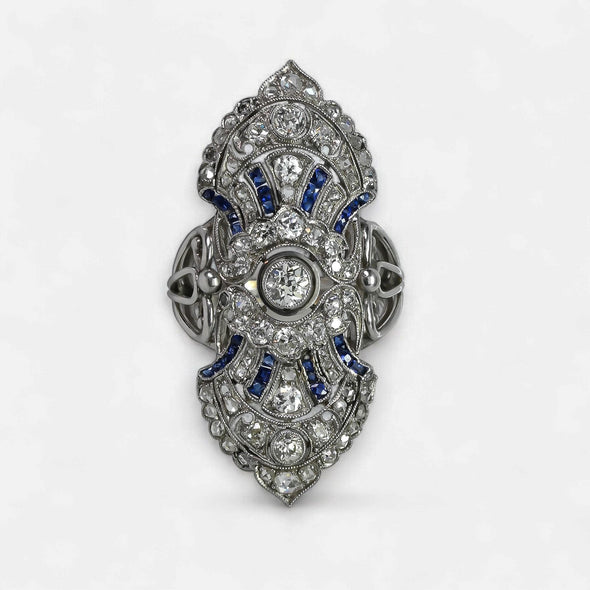 Circa 1910's Edwardian Platinum Diamond & Sapphire Old Brooch Conversion Sheild