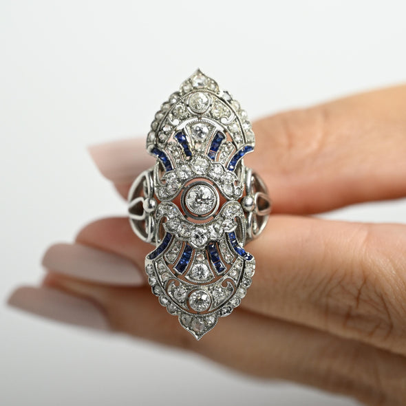 Circa 1910's Edwardian Platinum Diamond & Sapphire Old Brooch Conversion Sheild