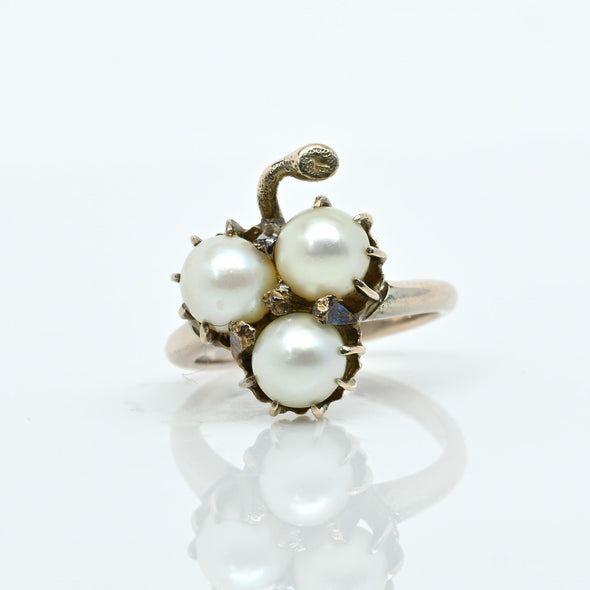 3 Pearl Clover Vintage 14k Yellow Gold Ring