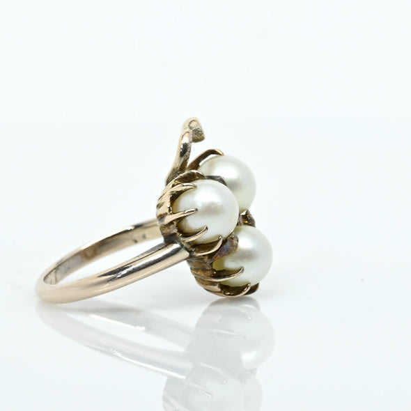 3 Pearl Clover Vintage 14k Yellow Gold Ring