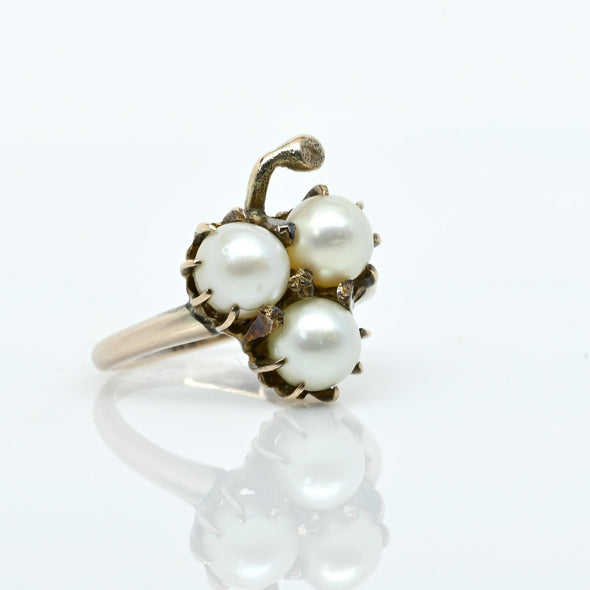 3 Pearl Clover Vintage 14k Yellow Gold Ring