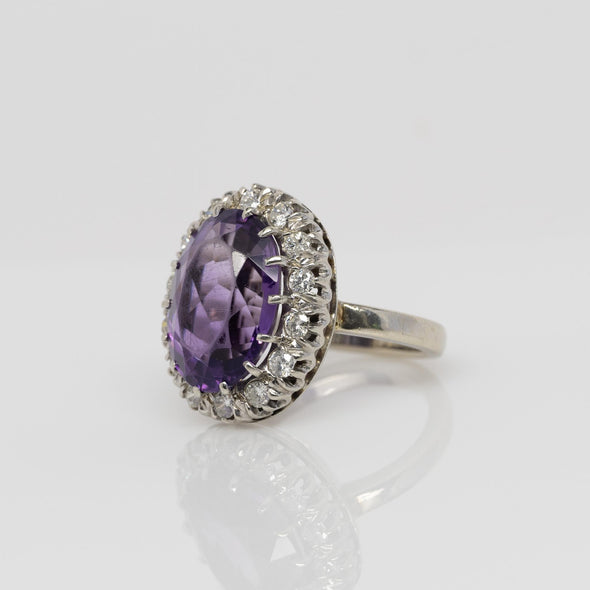 Vintage 8ct Amethyst Oval Diamond Halo White Gold Cocktail Ring Hinged Shank