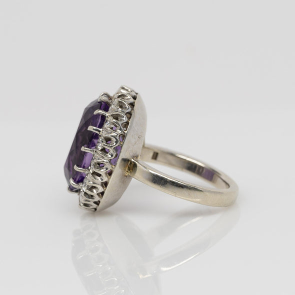 Vintage 8ct Amethyst Oval Diamond Halo White Gold Cocktail Ring Hinged Shank