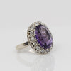 Vintage 8ct Amethyst Oval Diamond Halo White Gold Cocktail Ring Hinged Shank