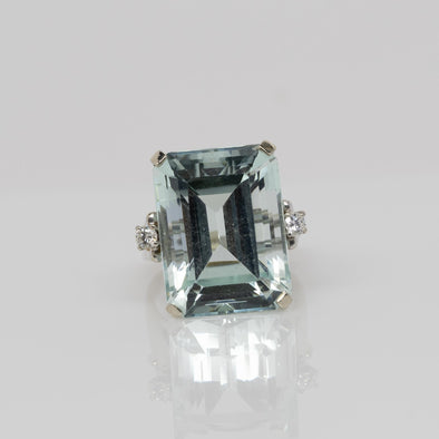 Vintage 25ct Emerald Cut Aquamarine & Diamond Cocktail Ring in 14k White Gold