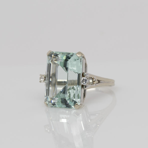 Vintage 25ct Emerald Cut Aquamarine & Diamond Cocktail Ring in 14k White Gold