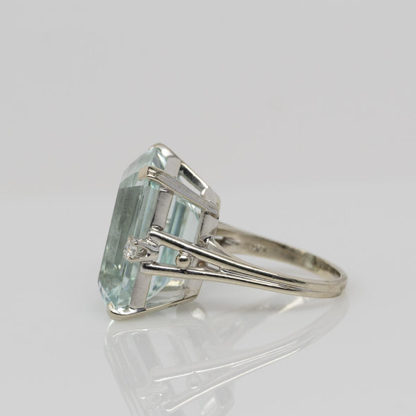 Vintage 25ct Emerald Cut Aquamarine & Diamond Cocktail Ring in 14k White Gold