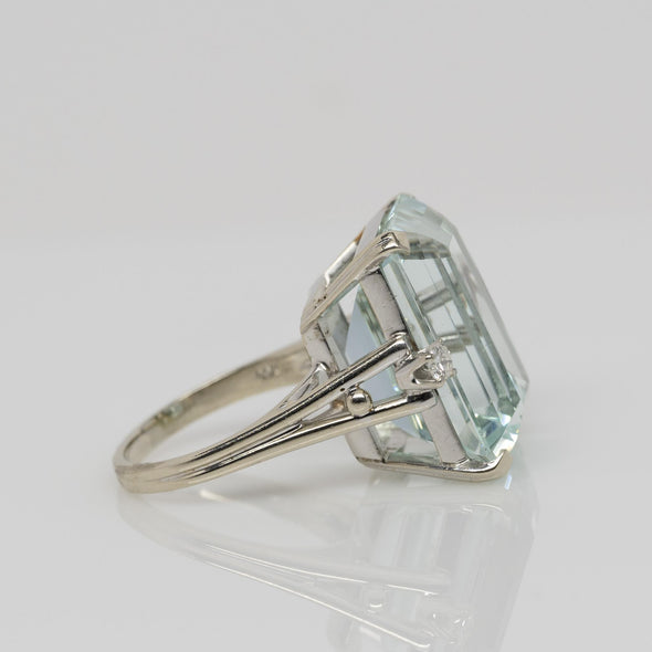 Vintage 25ct Emerald Cut Aquamarine & Diamond Cocktail Ring in 14k White Gold