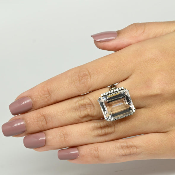 Vintage 22.5ct Faint Pink Morganite Emerald Cut Cocktail Ring in 14k White Gold