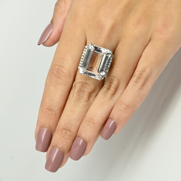 Vintage 22.5ct Faint Pink Morganite Emerald Cut Cocktail Ring in 14k White Gold