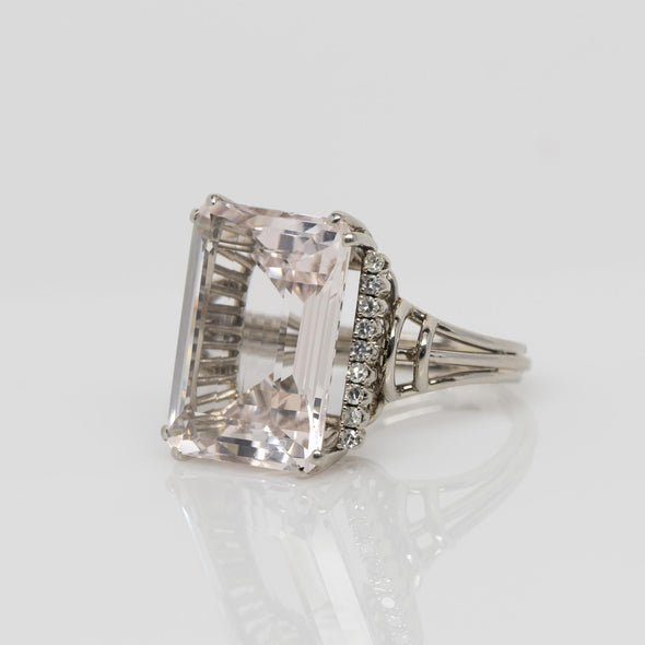 Vintage 22.5ct Faint Pink Morganite Emerald Cut Cocktail Ring in 14k White Gold