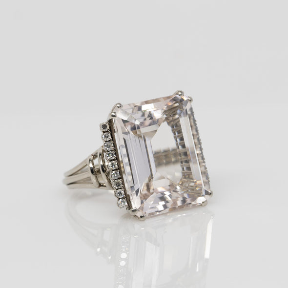 Vintage 22.5ct Faint Pink Morganite Emerald Cut Cocktail Ring in 14k White Gold