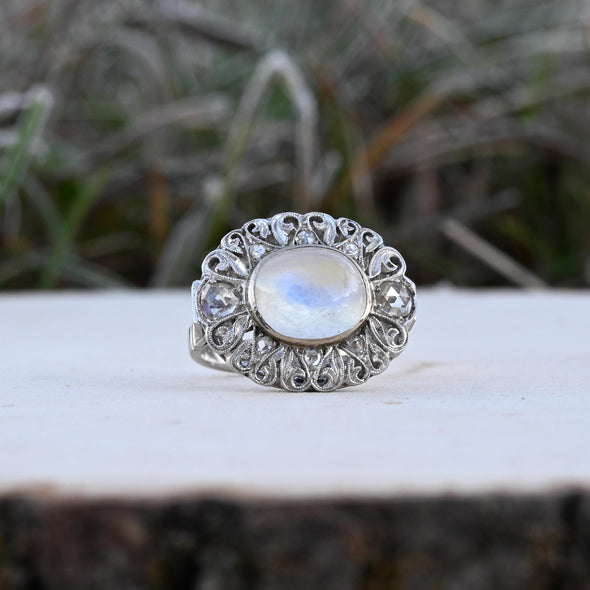 1910's Edwardian 18K 5Ct Moonstone Antique Filigree with Diamond Halo Ring