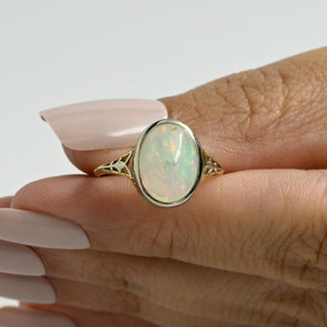 1920's Art Deco 14K Two Tone Bezel Set 4.5ct Oval Opal Cabochon Solitaire Ring