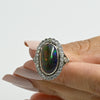 Edwardian Black Opal Cabochon and Diamond Halo Vintage Platinum Ring