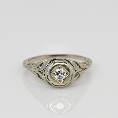 Art Deco 1/4ct Old European Cut Diamond 14k White Gold Filigree Solitaire Ring