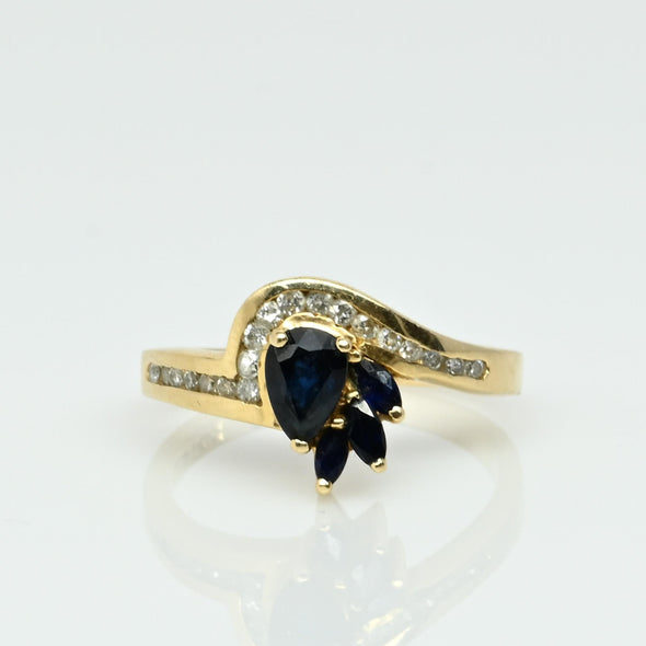 Blue Sapphire Pear and Diamond Ring in 14k Yellow Gold