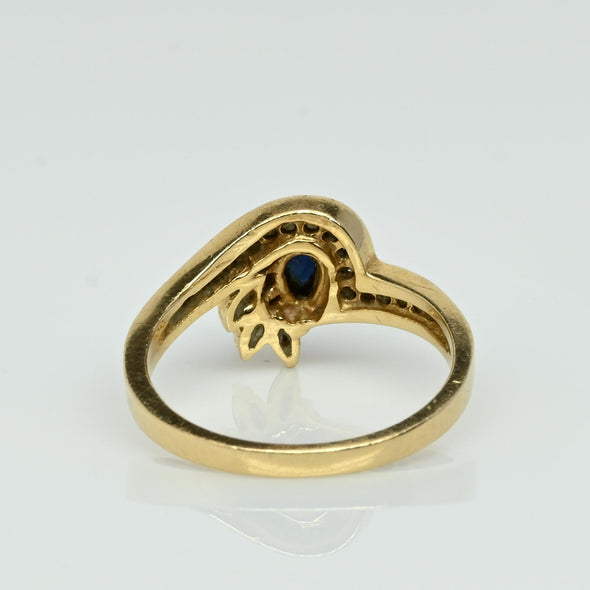 Blue Sapphire Pear and Diamond Ring in 14k Yellow Gold