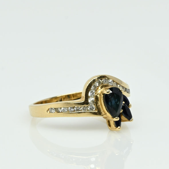 Blue Sapphire Pear and Diamond Ring in 14k Yellow Gold