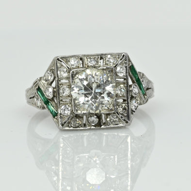 Circa 1920's Art Deco Platinum 1.26 Ct GIA Certified Diamond and Emerald Ring