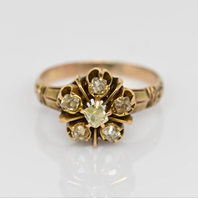 Victorian Old Mine Cut Diamond Cluster 14K Gold Ring