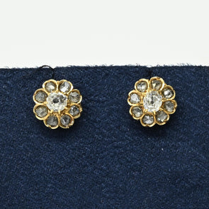 Antique Old Mine Rose Cut Diamond Halo Earrings Screw Back 18k Yellow Gold Studs