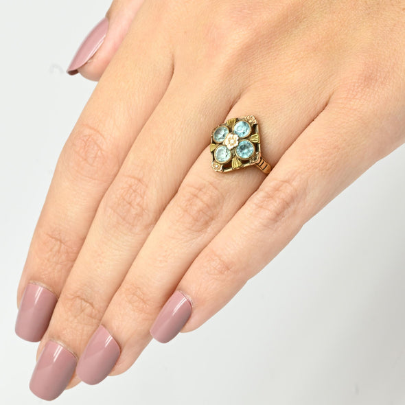 Antique Art Deco Tri-Color Gold Blue Gem Ring