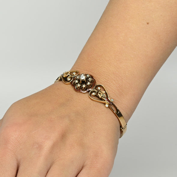 Circa 1800's 14K Rose Gold Diamond and Enamel Bracelet