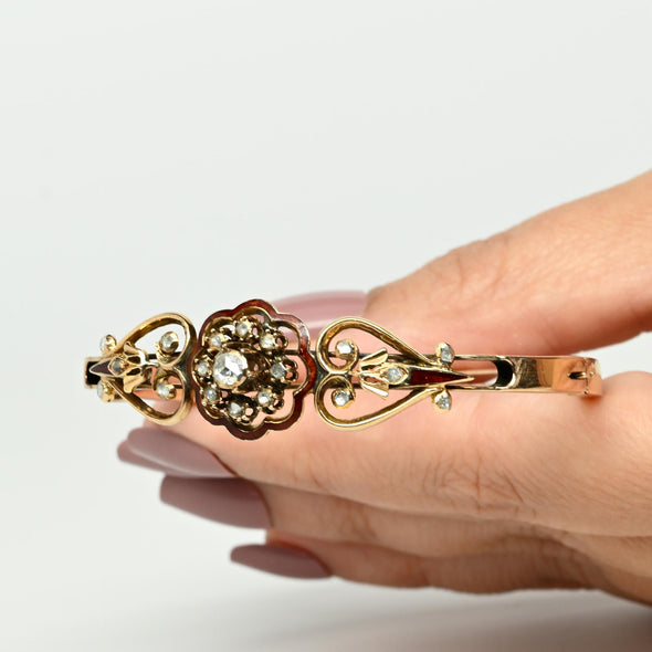 Circa 1800's 14K Rose Gold Diamond and Enamel Bracelet