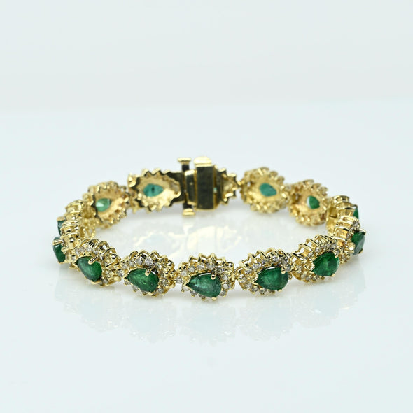 Vintage 12.5ctw Emerald Pear and Diamond 14K Yellow Gold Tennis Bracelet