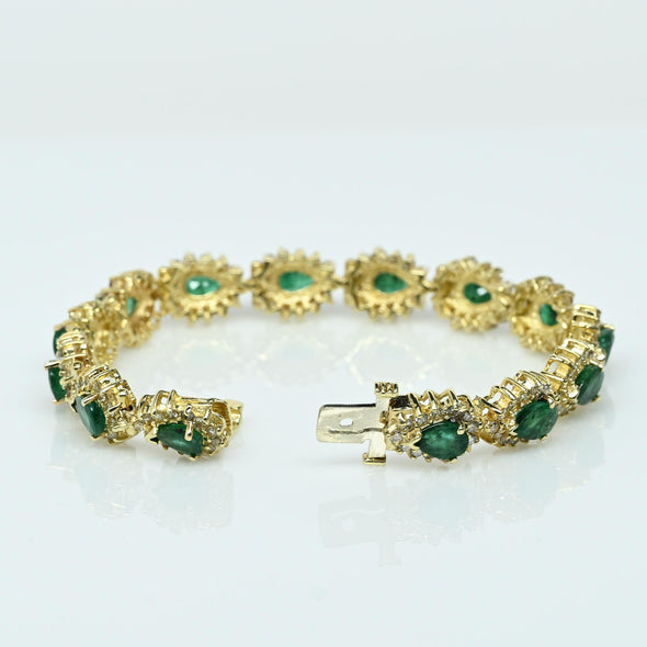 Vintage 12.5ctw Emerald Pear and Diamond 14K Yellow Gold Tennis Bracelet