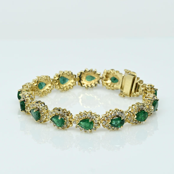 Vintage 12.5ctw Emerald Pear and Diamond 14K Yellow Gold Tennis Bracelet