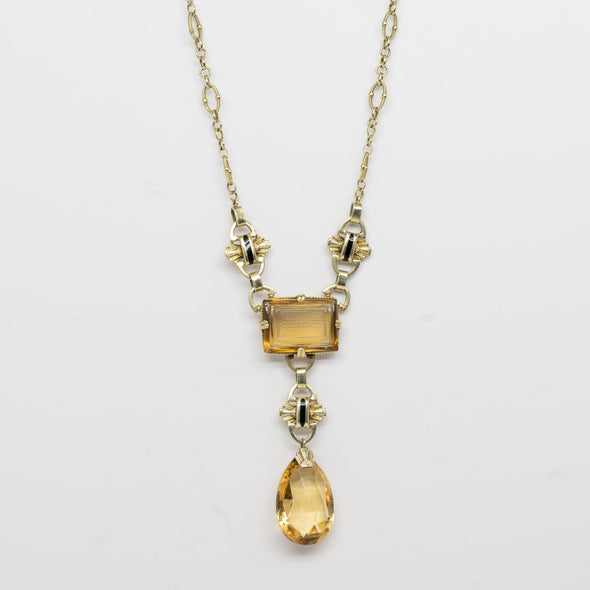 Art Deco Citrine Drop Pendant 14k Yellow Gold Necklace