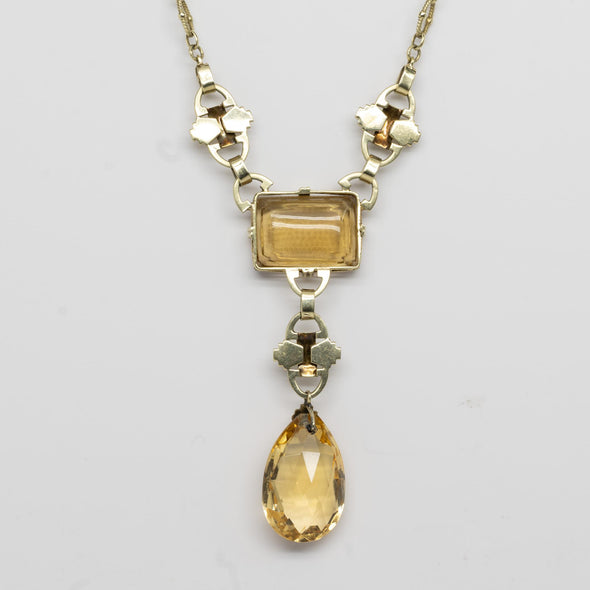 Art Deco Citrine Drop Pendant 14k Yellow Gold Necklace