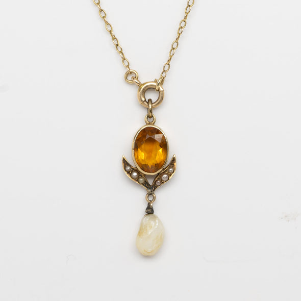 Vintage Victorian 14K Yellow Gold Citrine and Mississippi Dog Tooth Natural Pear