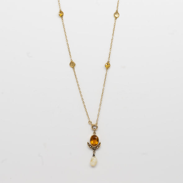 Vintage Victorian 14K Yellow Gold Citrine and Mississippi Dog Tooth Natural Pear