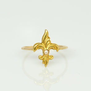 Vintage Fleur-De-Lis Pearl 14k Yellow Gold Ring