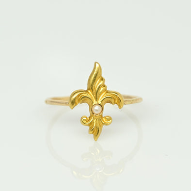 Vintage Fleur-De-Lis Pearl 14k Yellow Gold Ring