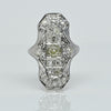 Filigree Art Deco Fancy Light Yellow Diamond 18K White Gold Shield Ring