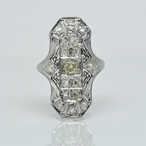 Filigree Art Deco Fancy Light Yellow Diamond 18K White Gold Shield Ring