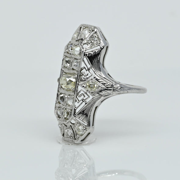 Filigree Art Deco Fancy Light Yellow Diamond 18K White Gold Shield Ring