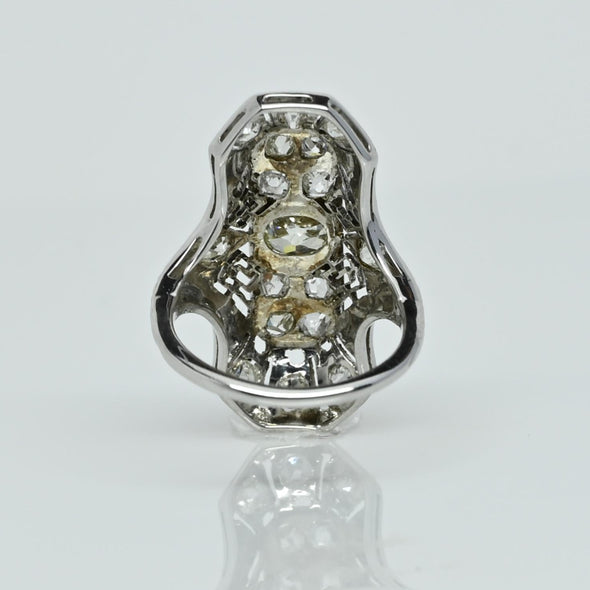 Filigree Art Deco Fancy Light Yellow Diamond 18K White Gold Shield Ring