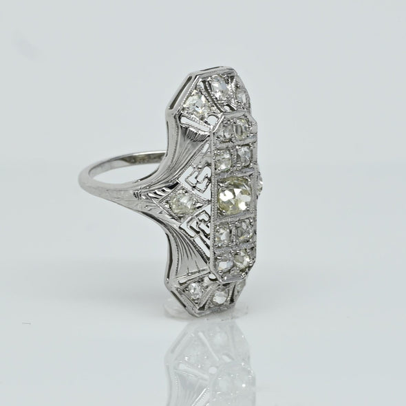 Filigree Art Deco Fancy Light Yellow Diamond 18K White Gold Shield Ring