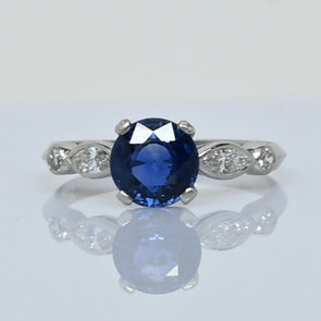 Art Deco Platinum Rich Blue Round Brilliant Cut Natural Sapphire Ring