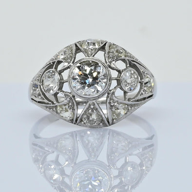 Art Deco 2.55cttw Old Cut Diamond Geometric Open Work Dome Style Platinum Ring