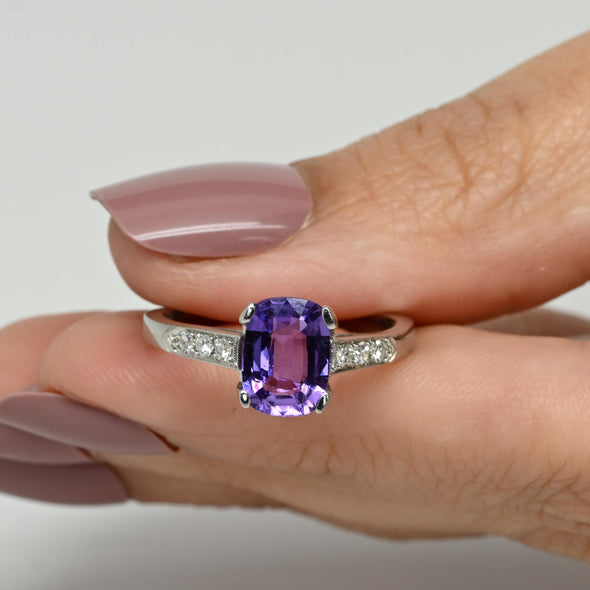 No Heat Madagascar Purple Sapphire Platinum Ring with Diamond Accents