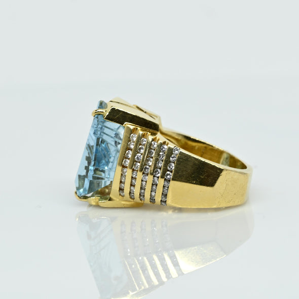 Bold Vintage Fantasy Cut Aquamarine 18K Gold Cocktail Ring w Diamonds